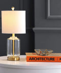 Brass Gold And Clear Glass Table Lamp With White Linen Drum Shade, Glam Transitional Bedside Light For Living Room Or Nightstand on table