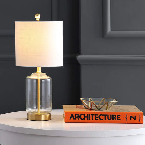 Brass Gold And Clear Glass Table Lamp With White Linen Drum Shade, Glam Transitional Bedside Light For Living Room Or Nightstand on table