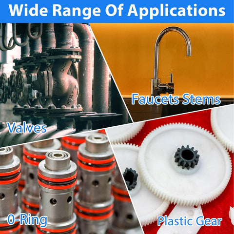 Food Grade Silicone Lubricating Plumber Grease For Waterproof Faucets And O Rings, Pool Filters, And Valve Stems 3 Pack shown with valves, faucets, O-rings, plastic gear