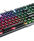 Slick White Mechanical Gaming Keyboard With Sick RGB Backlighting And Lightning Fast Sonic Red Switches For Tight Typing Speed Plus Plug And Play Setup And Durable Build at an angle with colorful lighting effects.