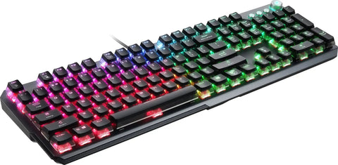 Slick White Mechanical Gaming Keyboard With Sick RGB Backlighting And Lightning Fast Sonic Red Switches For Tight Typing Speed Plus Plug And Play Setup And Durable Build at an angle with colorful lighting effects.