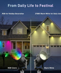 Christmas RGBW Landscape Spotlight 12W Outdoor Color Changing Yard Lights illuminating a house with RGB and warm white light
