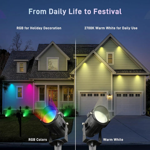 Christmas RGBW Landscape Spotlight 12W Outdoor Color Changing Yard Lights illuminating a house with RGB and warm white light