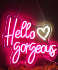 Pink Neon Sign For Wall Decor Reusable LED Light Sign With Dimmable Switch Party Ready For Bachelorette Parties Engagement Parties Weddings And Birthday Celebrations USB Powered Flexible Silicone LED Strip On Clear Acrylic Board 17 By 12 Inches displaying 'Hello Gorgeous' in pink