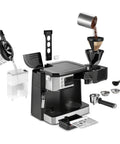 All In One Coffee And Espresso Maker With Dual Heating So You Can Brew Fast And Get Barista Grade Espresso 15 Bar Italian Pump Delivers Rich Flavor Adjustable Milk Frother For Creamy Cappuccinos And Lattes Glass 10 Cup Carafe COM532M Black, exploded view with components separated, showing coffee and espresso brewing sections, milk frother, and glass carafe.
