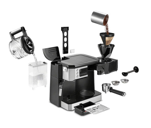 All In One Coffee And Espresso Maker With Dual Heating So You Can Brew Fast And Get Barista Grade Espresso 15 Bar Italian Pump Delivers Rich Flavor Adjustable Milk Frother For Creamy Cappuccinos And Lattes Glass 10 Cup Carafe COM532M Black, exploded view with components separated, showing coffee and espresso brewing sections, milk frother, and glass carafe.
