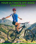Person cycling in mountainous terrain, promoting 2 Pack 24 Inch Foldable Bike Tire Set With Inner Tubes Rim Strips And Tire Levers 8 Piece Kit.