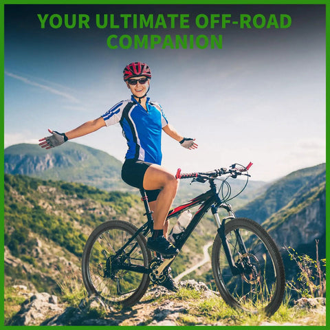Person cycling in mountainous terrain, promoting 2 Pack 24 Inch Foldable Bike Tire Set With Inner Tubes Rim Strips And Tire Levers 8 Piece Kit.