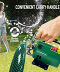 Compact 115 Volt Water Transfer Pump Moves 330 Gallons Per Hour Portable Electric Pump with 6 Foot Hose in use outdoors.