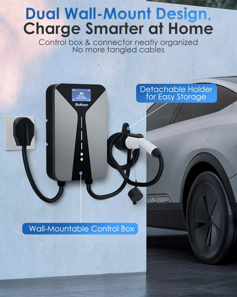 Level 2 EV Charger 40A 240V Home Charging Station With 26 Ft Cable And NEMA 14 50 Plug installed on a wall with car nearby.