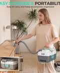 Woman using Badass 24V Cordless Wet And Dry Shop Vacuum With Two Gallon Bucket and Brushless Motor in a modern interior.