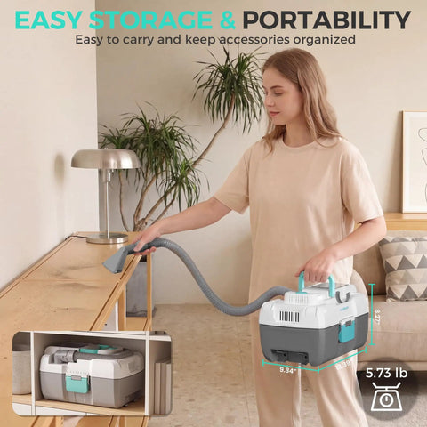 Woman using Badass 24V Cordless Wet And Dry Shop Vacuum With Two Gallon Bucket and Brushless Motor in a modern interior.