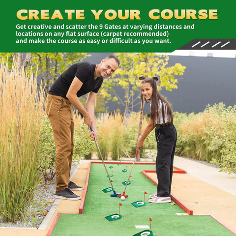 Father and daughter practicing with 9 Pack Golf Putting Cups With Flags Indoor Outdoor Practice Set on mini-golf course