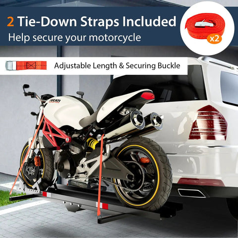 600LBS Motorcycle Carrier Hitch Mounted Rack With Loading Ramp Wheel Chock And Straps installed on SUV