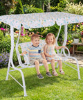 Two-Seater Kids Patio Swing With Adjustable Canopy, Safety Belt And Curved Armrests, Outdoor Hanging Bench for Backyard, White Elephant Pattern