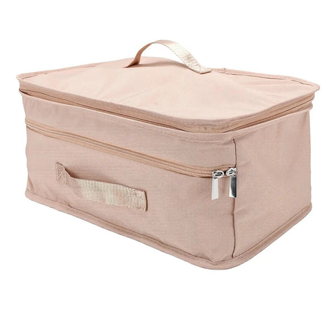 Heavy Duty Mesh Travel Dresser, Large Capacity Hanging Closet Organizer With Separate Pockets, Foldable Garment Rack in beige fabric.