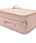 Heavy Duty Mesh Travel Dresser, Large Capacity Hanging Closet Organizer With Separate Pockets, Foldable Garment Rack And Hassle Free Space Saver For Hotels And Camping in a light beige color.