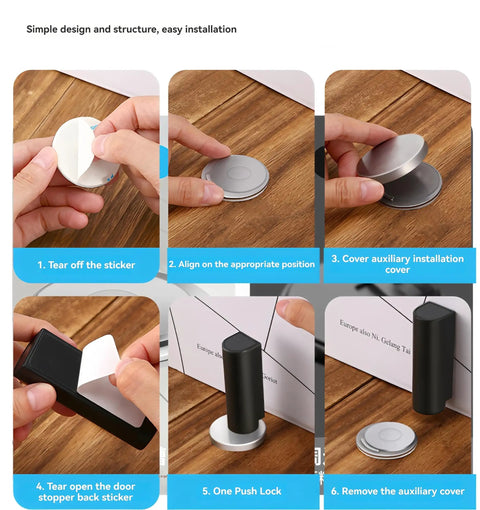 Steps to install Two Pack Door Stoppers With No Drill Adhesive, Stainless Steel Magnetic Door Holders on floor or wall.