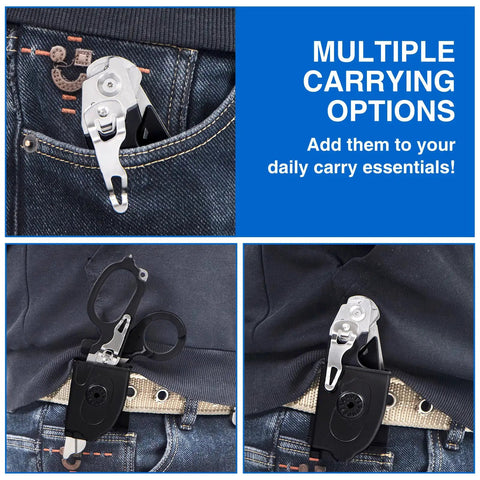 Prepper Grade Foldable 6 In 1 Trauma Shears in pocket and holster, highlighting multiple carrying options.