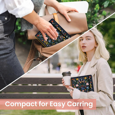 Woman placing Garden Of Whimsy Lined Spiral Journal For Women A5 Hardcover Notebook For Work And Notes 140 Pages 6 By 8 into bag