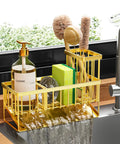 Gold Stainless Steel Kitchen Sink Caddy Organizer With Auto Drain Sponge Holder And Brush Stand Rustproof Countertop Soap Dispenser Rack Keeps Counter Clutter Free Looking Slick Total Game Changer For Daily Routines, with kitchen essentials.