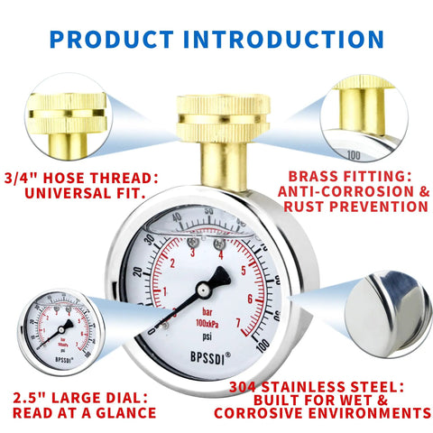 0-200 Psi Water Pressure Gauge With 2.5 Inch Dial, Lead-Free Brass Fittings, Three Quarter Inch Hose Thread, Stainless Steel Case