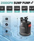 Half Horsepower Submersible Sump Pump With 2500 GPH Flow in water, showing dimensions and features like auto and manual modes.