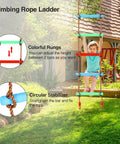 Child climbing colorful rope ladder in backyard using Rope Ladder And Disc Swing Set For Kids, Durable Climbing Ladder For Swing Sets