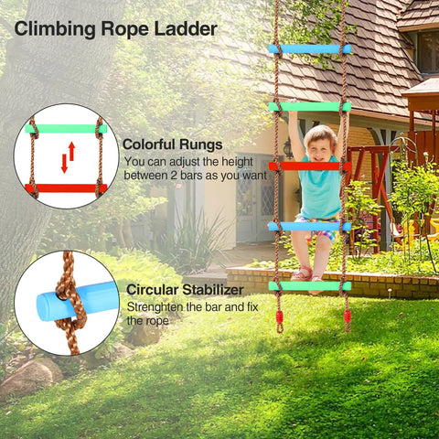 Child climbing colorful rope ladder in backyard using Rope Ladder And Disc Swing Set For Kids, Durable Climbing Ladder For Swing Sets