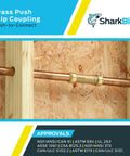 1 x 1 Inch Slip Coupling Push To Connect Brass Plumbing Fitting installed on copper pipe in wooden frame