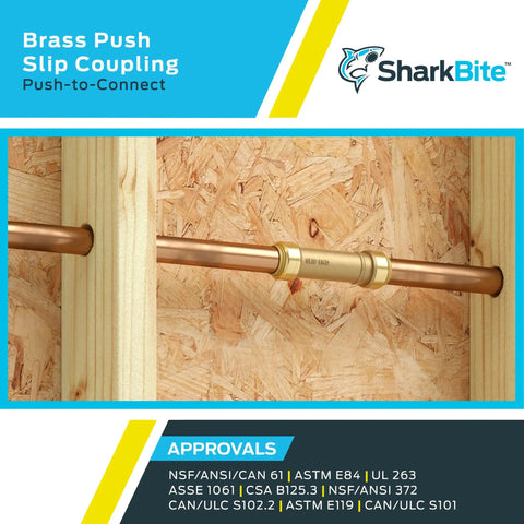 1 x 1 Inch Slip Coupling Push To Connect Brass Plumbing Fitting installed on copper pipe in wooden frame
