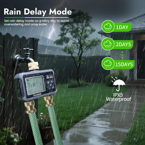 Two Zone Water Timer For Garden Hose With Brass Inlet Easy Set Outdoor Irrigation Controller showing rain delay mode
