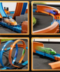 Epic Car Race Track Set for Kids Ages 3 To 12 With 45 Track Pieces And 4 Small Cars Dual Loop Tracks For Competitive Racing Perfect Gift For Boys And Girls showing cars speeding on orange and blue tracks.