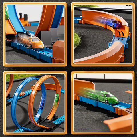 Epic Car Race Track Set for Kids Ages 3 To 12 With 45 Track Pieces And 4 Small Cars Dual Loop Tracks For Competitive Racing Perfect Gift For Boys And Girls showing cars speeding on orange and blue tracks.