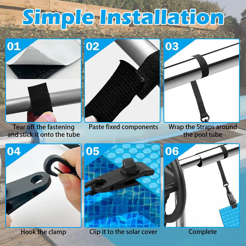 Heavy Duty Pool Solar Cover Reel Clips And Straps Kit Featuring Micro Serrated Teeth For Dead Simple Setup And Rock Solid Grip On Large Underground Swimming Pools 24 Piece Set simple installation steps with velcro and clamps