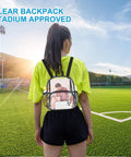 Person wearing clear stadium backpack passes security easily 12x12x6 inches with front pocket for concerts sports events.