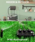 Weatherproof Outdoor Power Strip With Six Wide Outlets And Three USB Ports Including USB-C 10 Ft Extension Cord 1875W Surge Protector shown in indoor and outdoor settings.