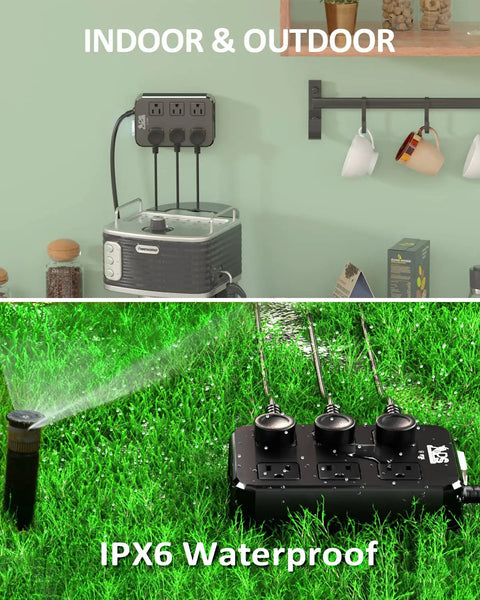 Weatherproof Outdoor Power Strip With Six Wide Outlets And Three USB Ports Including USB-C 10 Ft Extension Cord 1875W Surge Protector shown in indoor and outdoor settings.