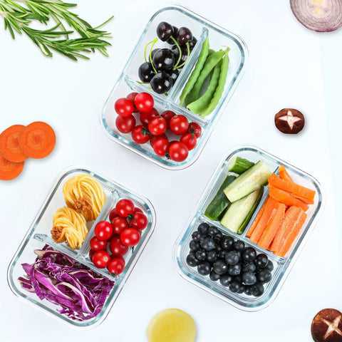 Premium Borosilicate Glass Meal Prep Containers 5 Pack With 3 Compartments And Lids filled with fresh vegetables and fruits