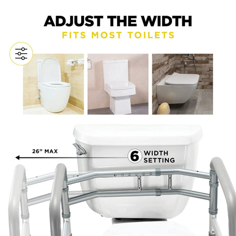 Adjustable Detachable Toilet Safety Frame With Handles fits round and elongated toilets, 6 width settings
