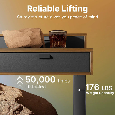 Close-up of Heavy Duty Electric Standing Desk 48 By 24 Inch with sturdy frame, drawer, and weight capacity details.