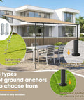 12x10 Lean-To Gazebo Pergola With Weatherproof Canopy showing three types of ground anchors, wall-mounted on a patio.