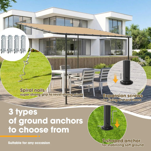 12x10 Lean-To Gazebo Pergola With Weatherproof Canopy showing three types of ground anchors, wall-mounted on a patio.
