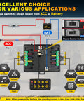 8 Gang Switch Panel With 3 Silicone Buttons For On Off Memory Function, wiring diagram for ACC and battery applications