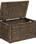 Rectangular Water Hyacinth Wicker Storage Trunk With Iron Wire Frame 30 By 17.5 By 17.5 Brown Wash Handwoven Organizer with open lid