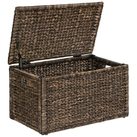 Rectangular Water Hyacinth Wicker Storage Trunk With Iron Wire Frame 30 By 17.5 By 17.5 Brown Wash Handwoven Organizer with open lid