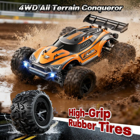 All Terrain 4x4 Off Road Remote Control Car For Adults with High Speed RC Monster Truck features on muddy track, focus on tires