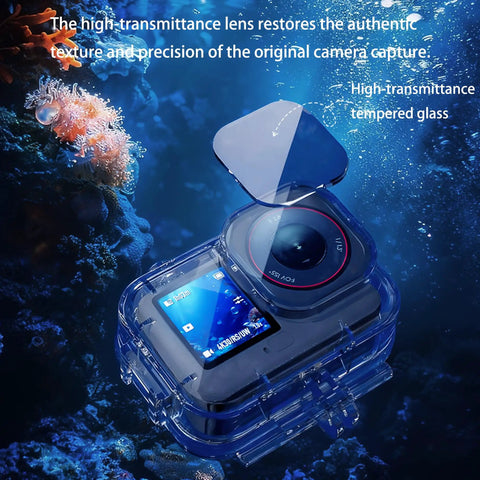 Waterproof Case For DJI Osmo Action 6 With 70m 229ft Depth Rating Anti Fog Lens, clear view underwater, coral backdrop