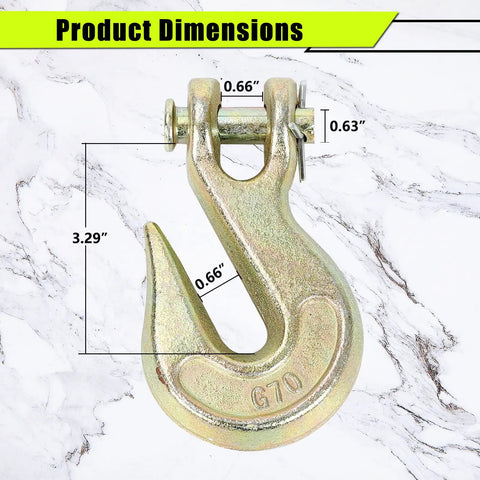 Rock Solid Grade 70 Chain Hook Half Inch Clevis Grab Hook 12000 Lbs Working Load Limit 2 Pack with product dimensions on display.