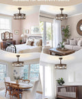 Metnaour 20 Inch Fandelier Caged Ceiling Fan with Lights and Remote, Rustic Farmhouse Bladeless Ceiling Fan in various room settings.